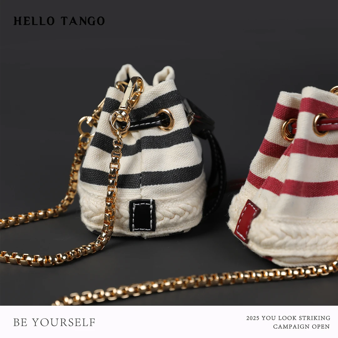 HELLOTANGO春夏新品条纹撞色抽绳迷你水桶斜挎包