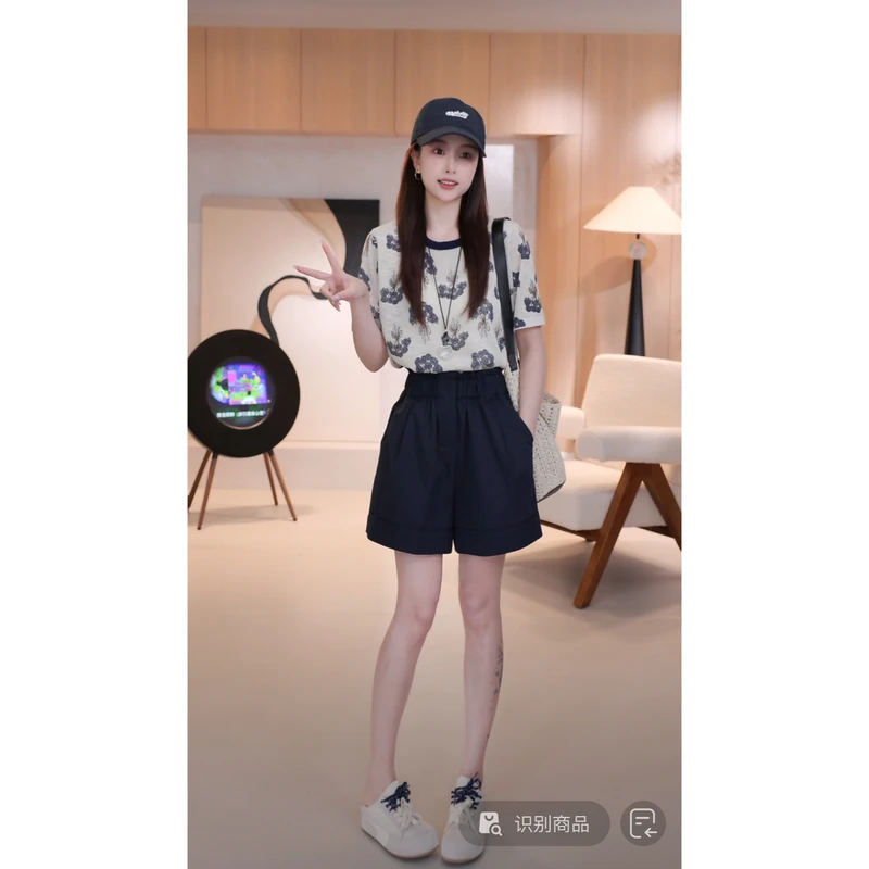 C05103时尚撞色圆领夏天宽松慵懒花朵印花短袖针织衫上衣