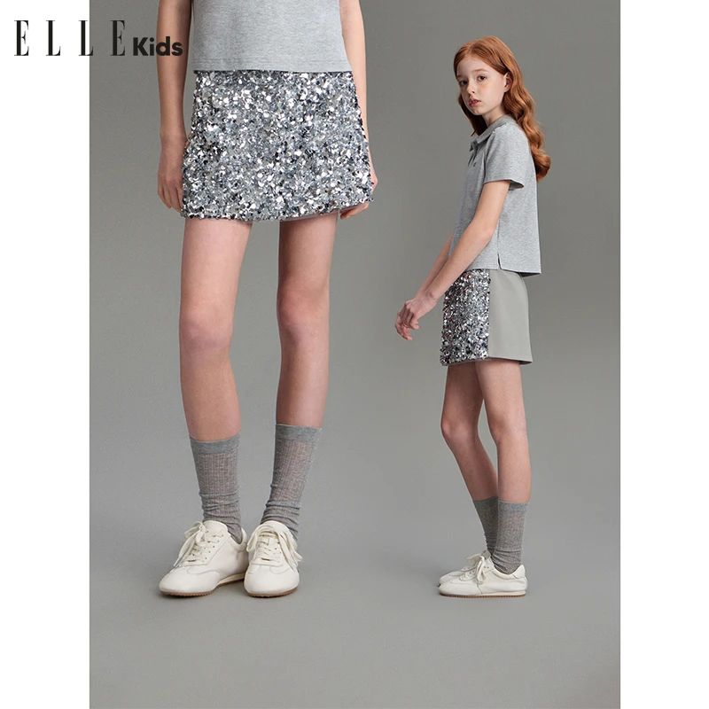 ELLE KIDS 亮银珠片半身裙女童夏季新款复古时髦重工拼接裙子A3