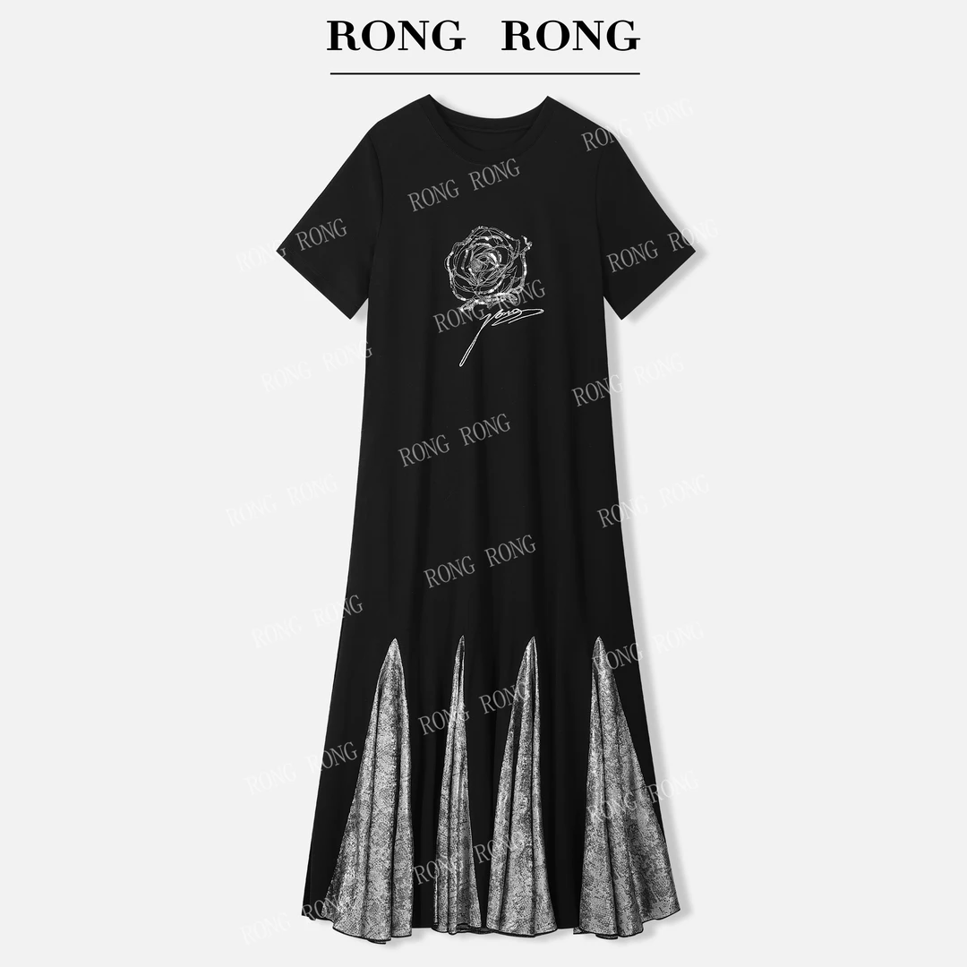 溶溶J【玫瑰星诗】RONGRONG 玫瑰刺绣拼接大摆鱼尾连衣裙C-A208265