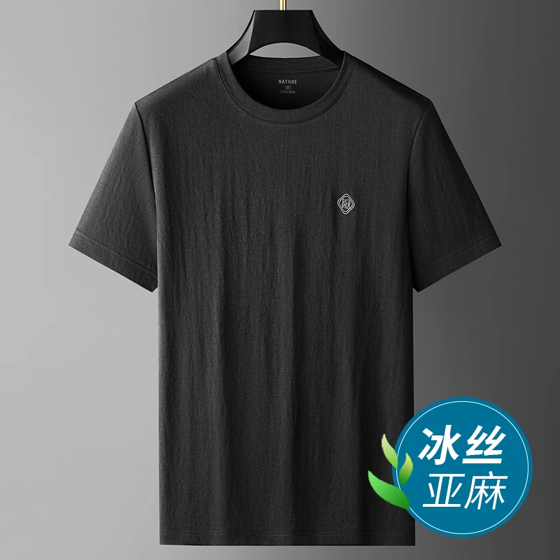 肯梅灵列冰丝高端亚麻夏季薄款短袖圆领宽松纯色上衣简约男装t恤