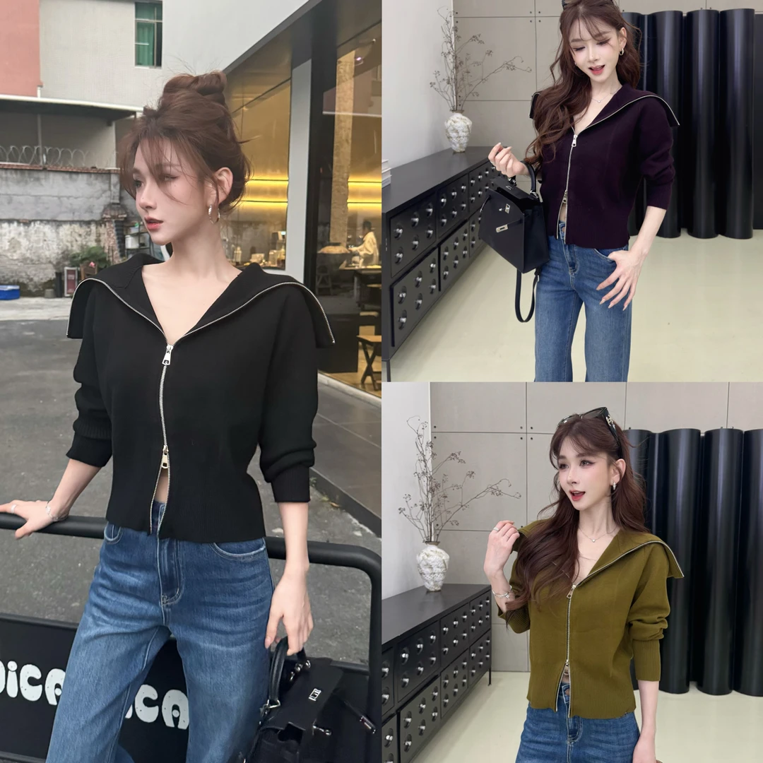 【冬日氛围】黑色翻领显瘦拉链露肩开衫毛衣