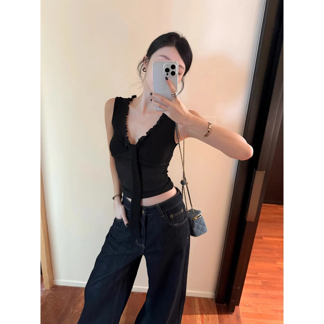 不冷BULENG 性感毛边V领镂空拼接收腰外穿弹性针织背心辣妹上衣