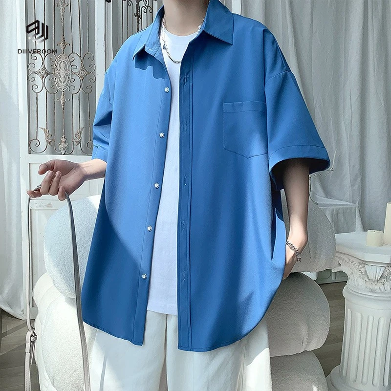 DIIIVERGOM冰丝休闲垂感外套潮牌夏季高级感廓衬衫男短袖形白色衬
