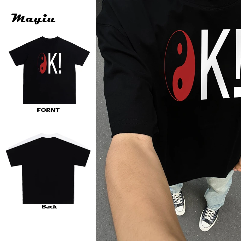 小众复古风格八卦Ok印花潮牌高街潮流百搭宽松情侣款短袖T恤