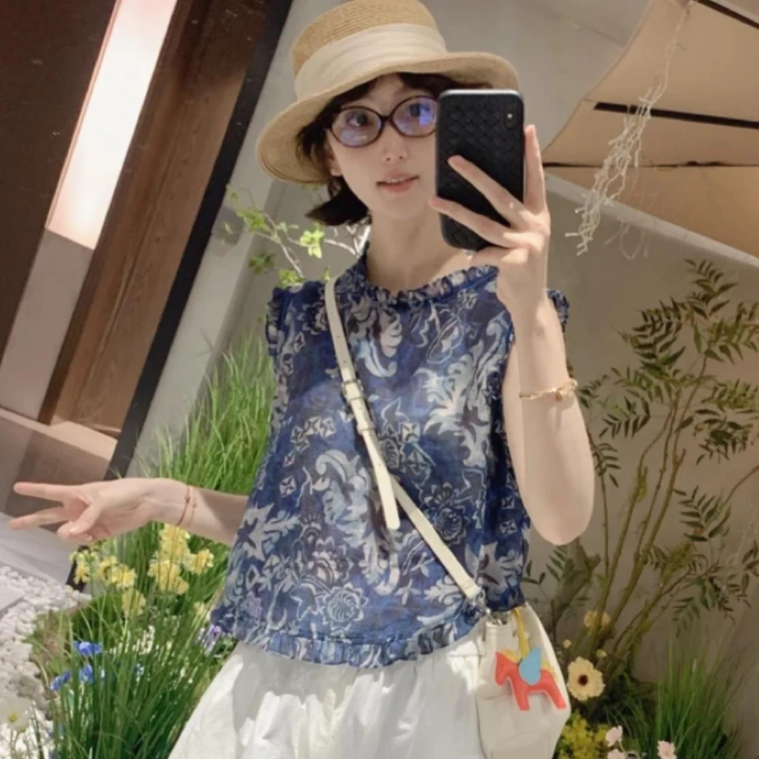 【骆小姐私服】2025夏新款圆领木耳边拼接坎肩无袖背心花色衬衫上衣