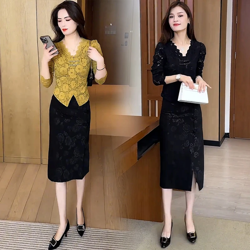 时尚套装裙女2025春季新款洋气显瘦V领蕾丝衫包臀半身裙两件套裙