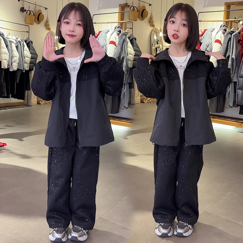 女童套装韩版儿童连帽宽松外套中大童春秋季满天星千金风女孩衣服