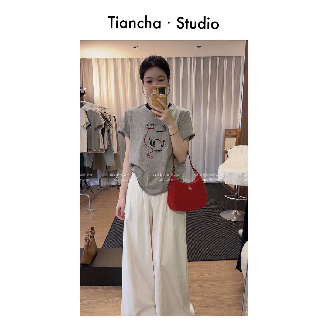 sweetc【红绳小狗】M284#夏季韩版风正肩短袖T恤女毛巾绣休闲百搭