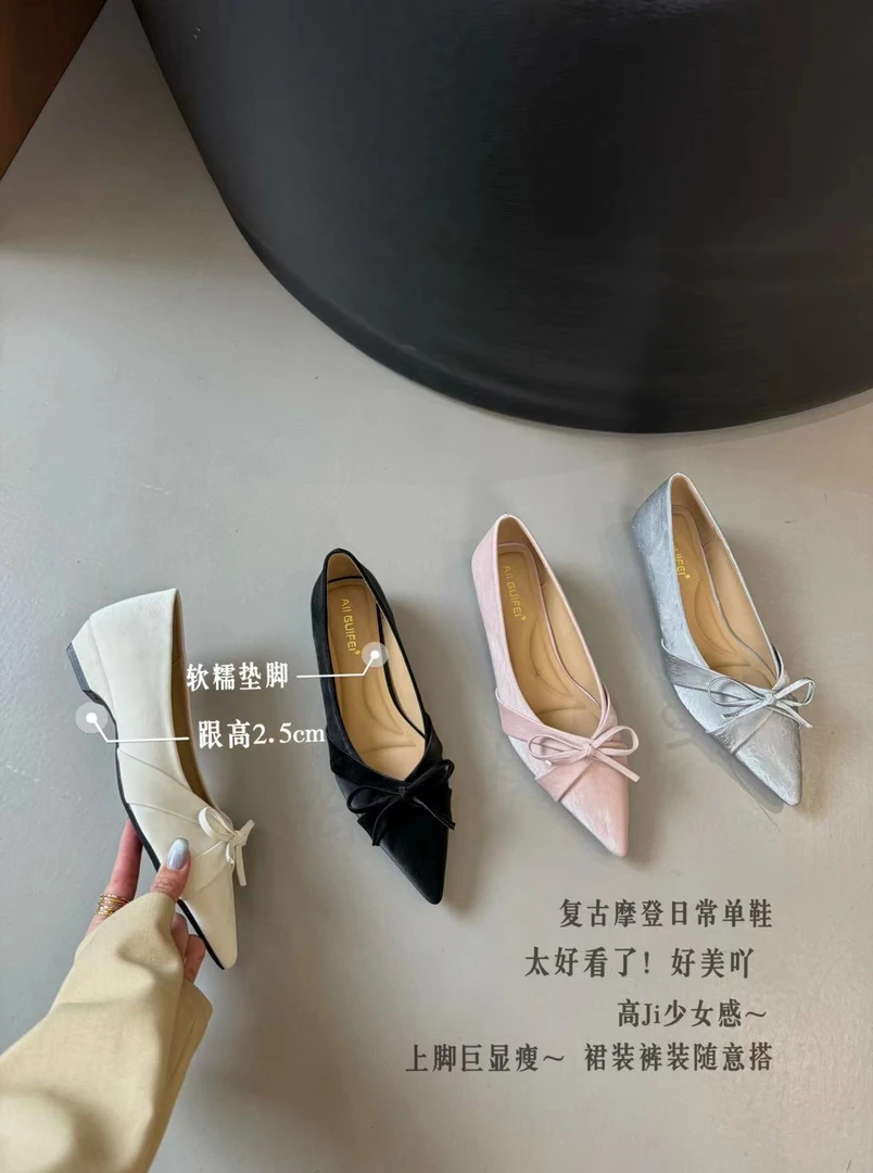 单鞋尖头低跟蝴蝶结少女H17-1温柔高跟日常时尚复古中跟女鞋显瘦