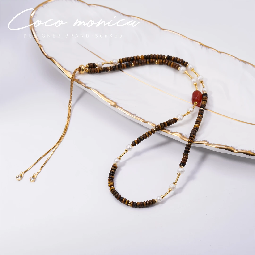 【小霞珠宝】虎眼玛瑙项链女款手工气质复古古风简约彩色挂脖 AE269