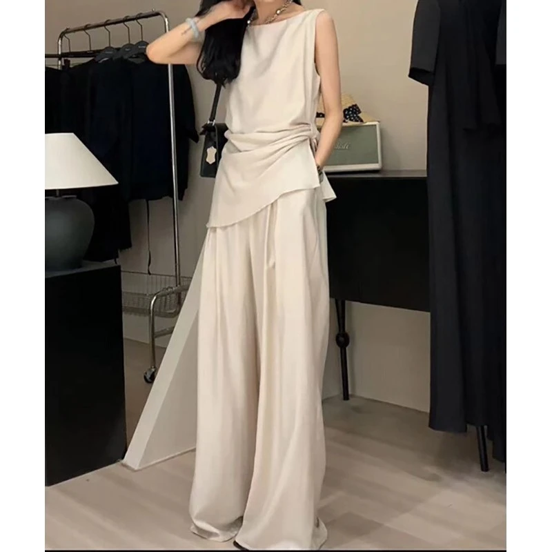 法式圆领无袖背心+阔腿裤女2025年夏季新款韩版时尚设计感套装