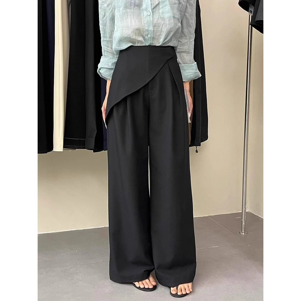 CHAO级推荐！黑色假两件屁帘西裤女夏季梨形身材遮胯显瘦阔腿长裤