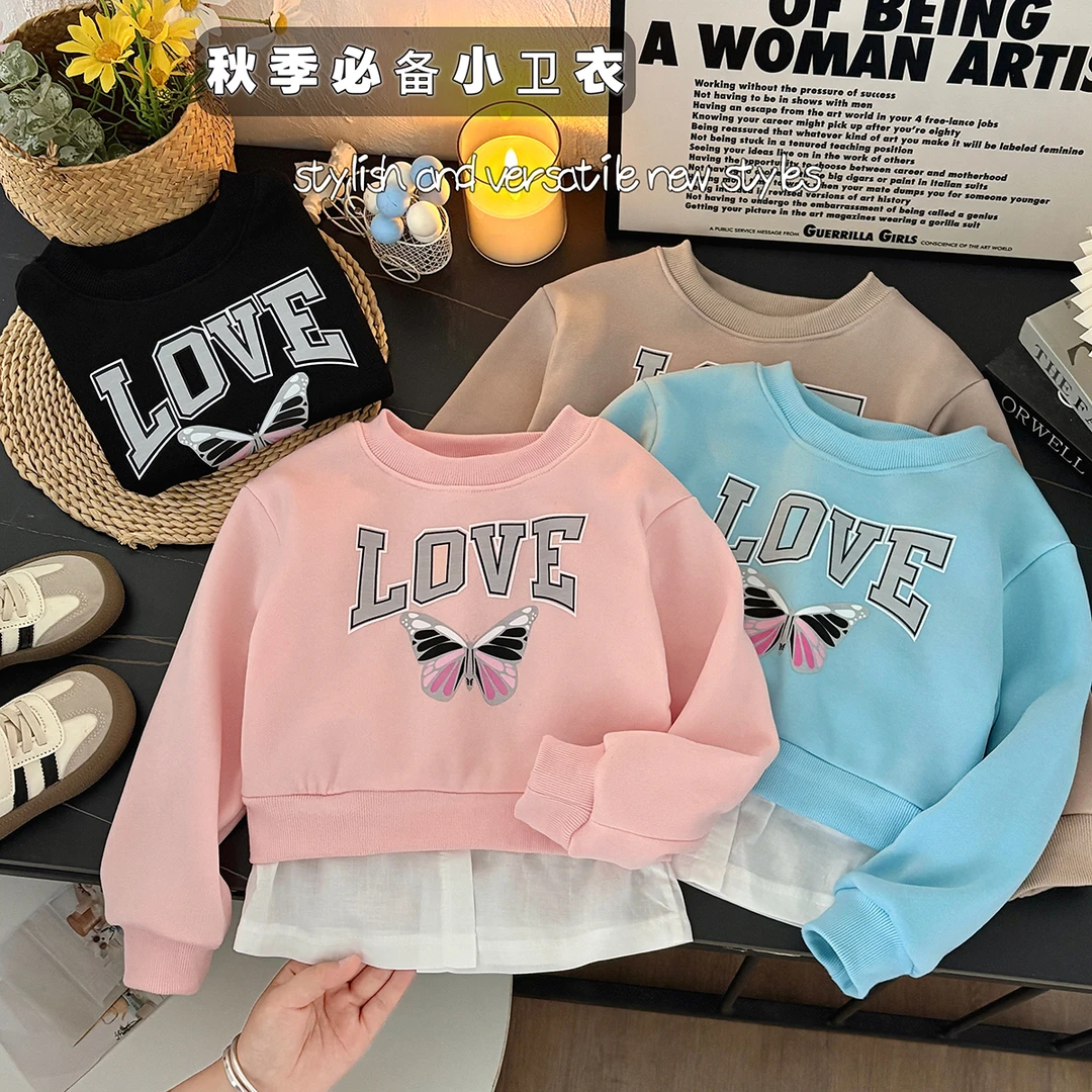 女宝春秋女套装秋季少女风卫衣休闲风套头洋气小女孩薄绒单上衣