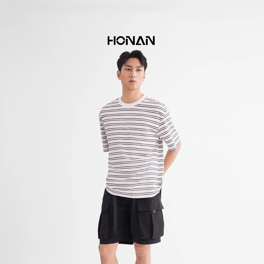 HONAN2025夏季时尚潮流横条纹阔型舒适男T恤_5J11503