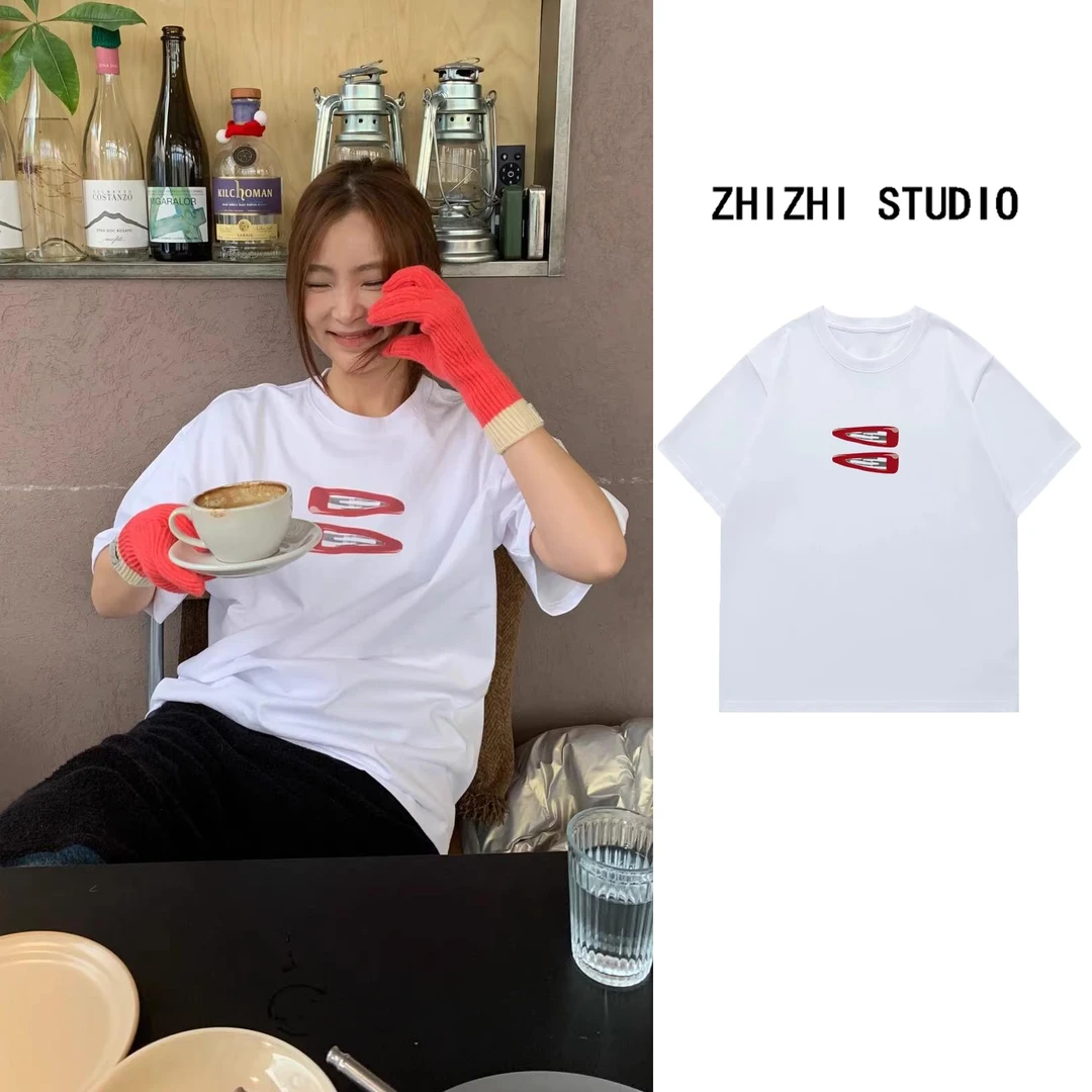 韩系简约趣味发夹印花短袖T恤宽松纯棉白色休闲宽松圆领显瘦上衣