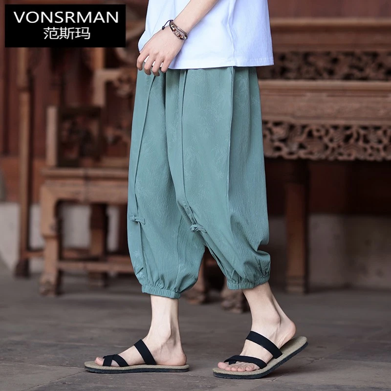 休闲束脚裤男士夏季运动七分裤中国风宽松阔腿直筒哈伦裤薄款潮流