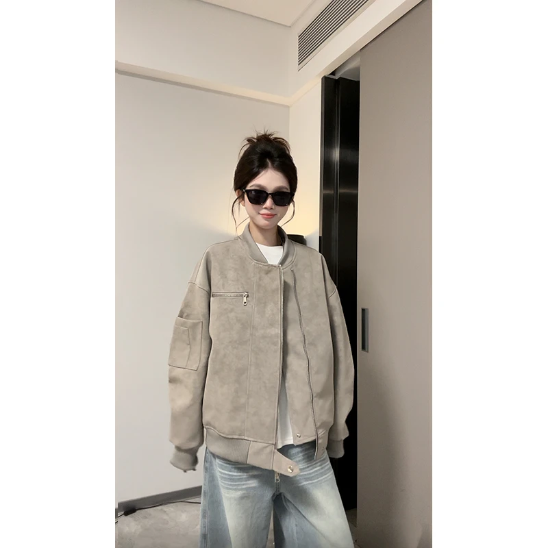 美式扎染皮衣外套男女同款秋季高级感痞帅立领棒球服情侣飞行夹克