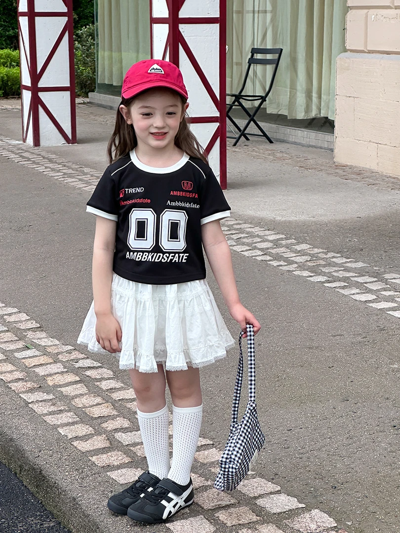 【现货清仓】儿童运动篮球风夏新款女童韩版弹力拼色字母T恤25C157