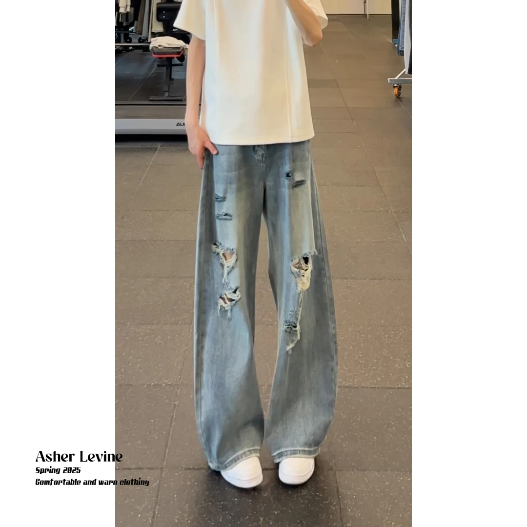 水洗浅蓝色牛仔裤男款cleanfit破洞乞丐裤子美式高街痞帅直筒长裤