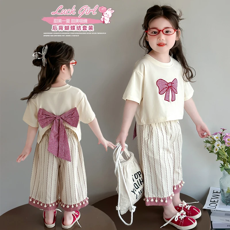 女童套头薄款韩版休闲风时尚纯色套装夏季蝴蝶结女孩包包时髦洋气