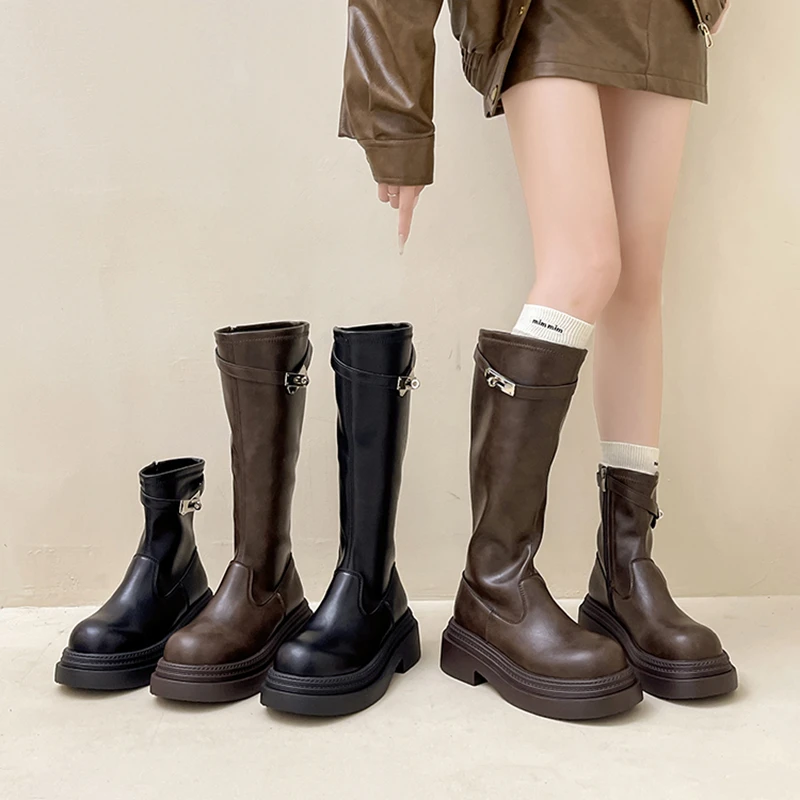 OJRZ时尚复古风圆头扣带厚底长筒靴女2025秋冬一字扣带新款骑士靴