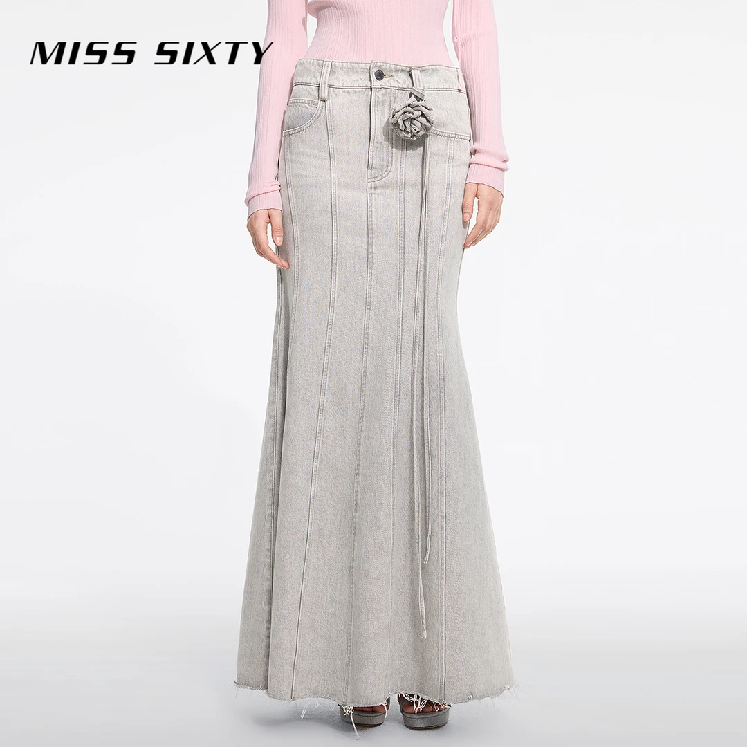 Miss Sixty2025秋季新款牛仔半身裙女复古风鱼尾裙配花朵腰带做旧