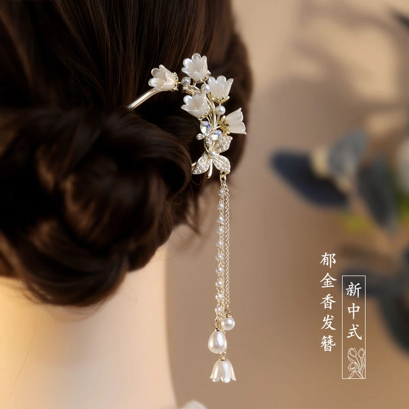 新中式珍珠流苏发簪女款高级感气质U型发钗国风盘发插梳汉服发饰