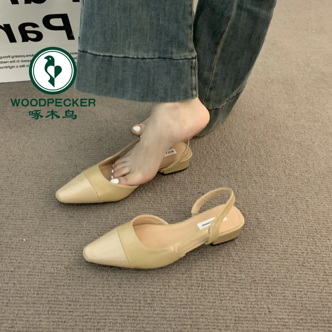 啄木鸟低跟女法式温柔晚晚裸色尖头小香风粗跟气质单鞋小高跟女