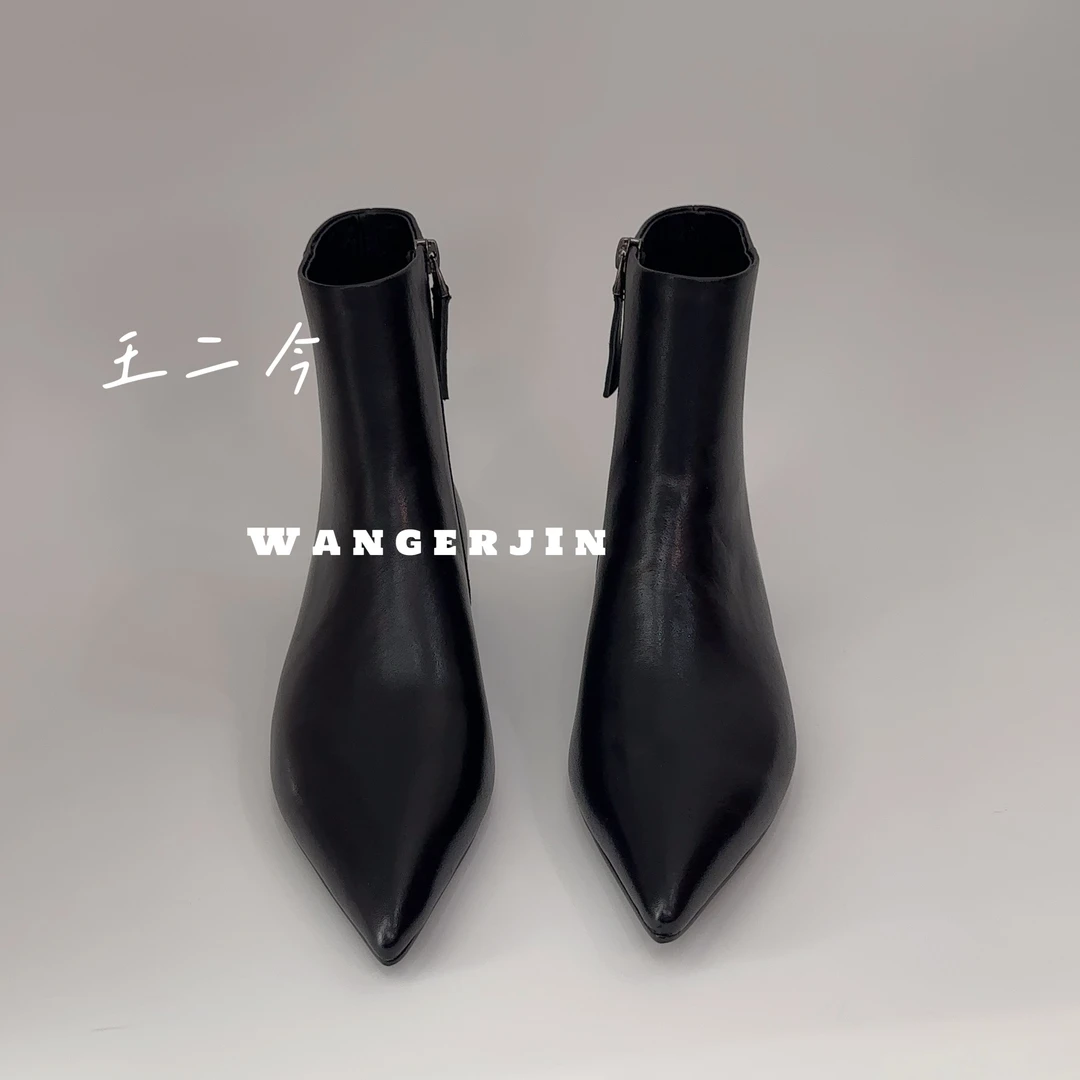 【王二今】牛皮/3CM/平底尖头气质女人时装休闲切尔西靴显瘦短靴女