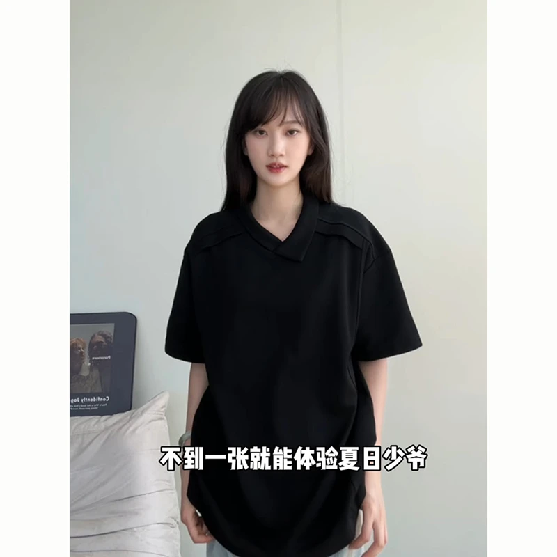 解构拼接polo衫短袖男夏季美式重磅潮牌t恤设计感小众日系五分袖