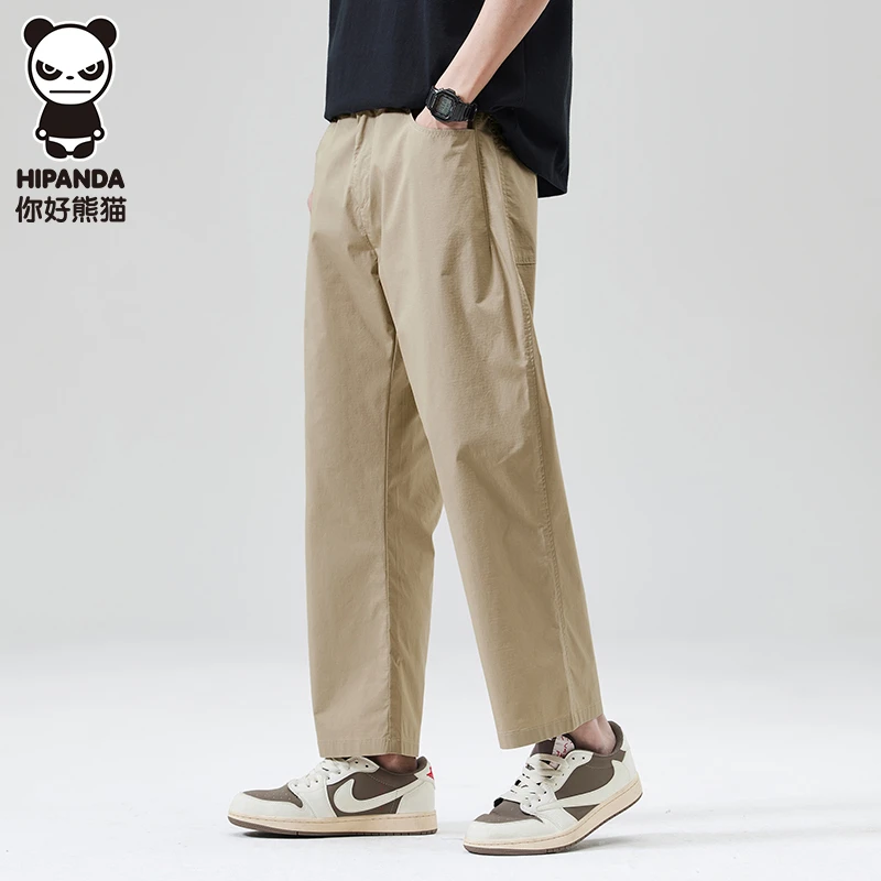 Hi Panda春季休闲裤潮男街头风直筒裤仿棉锦细网格宽松舒适九分裤