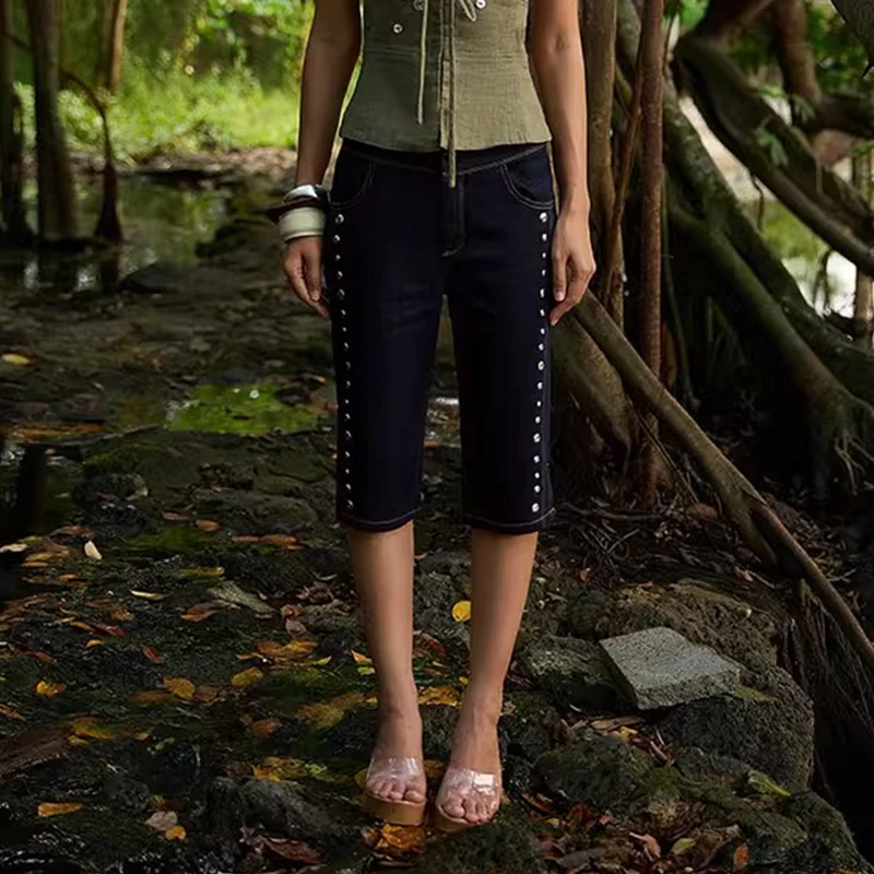 【Boujee】noundnound深靛蓝铆钉装饰修身牛仔七分裤女2025夏季新款