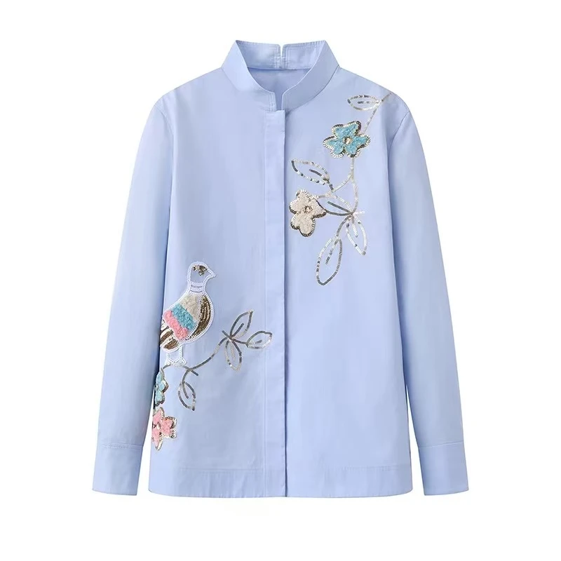 H0066-2025春季新款时尚百搭宽松复古立领重工亮片刺绣衬衫女