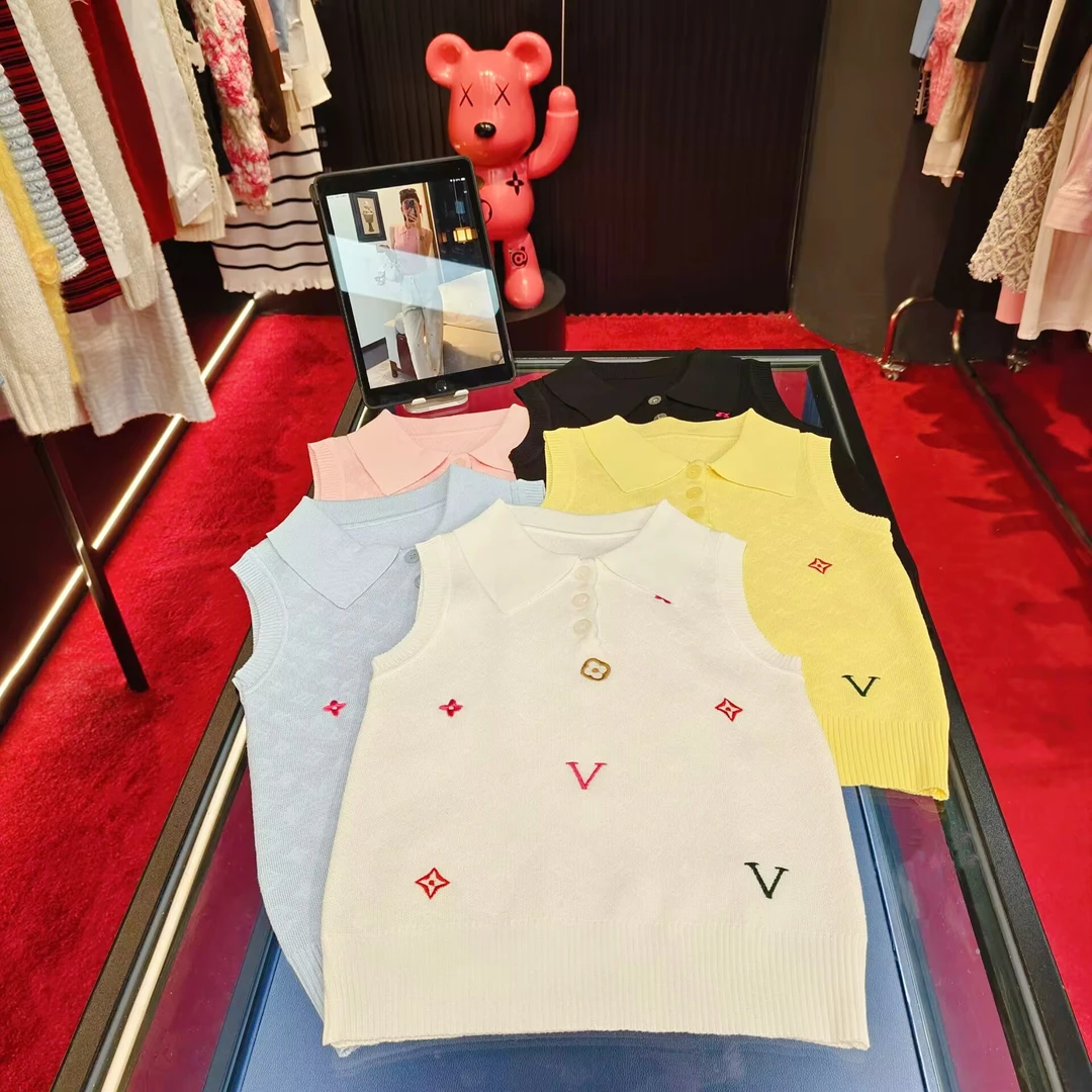 4726 翻领刺绣针织背心简约时尚无袖上衣百搭气质修身