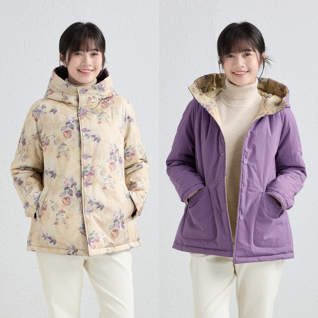 祝你平安~双面穿/十木米原创百分百长绒棉印花百搭连帽棉服短外套