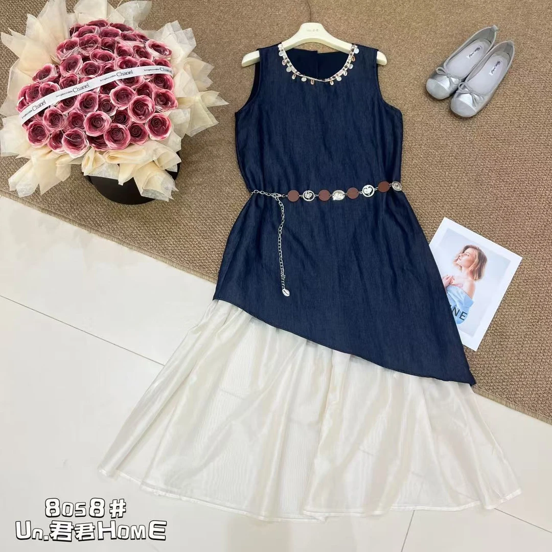 君君家【海岛邂逅】8058度假风设计感钉珠拼色无袖连衣裙（佩腰链）