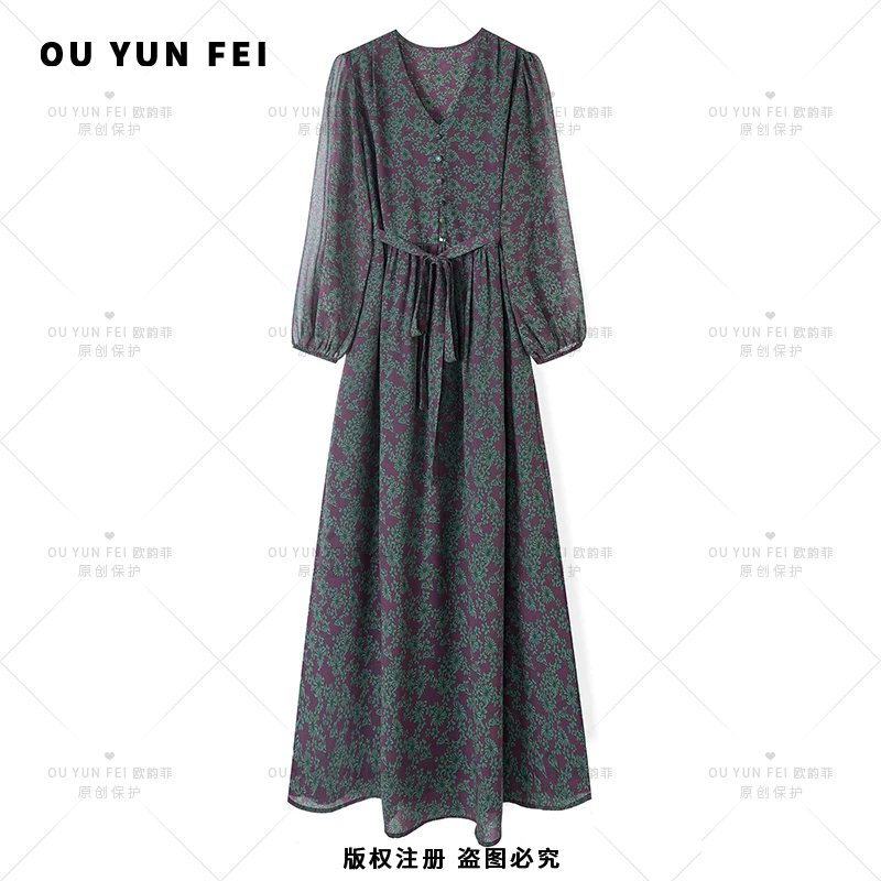 【山茶花】高级感连衣裙女新款气质显瘦穿搭时尚洋气印花长裙HB1055