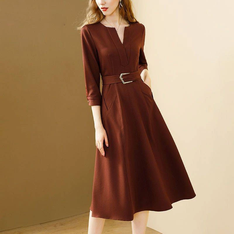 3203#时尚法式气质v领七分袖收腰a字裙春季中长款显瘦连衣裙