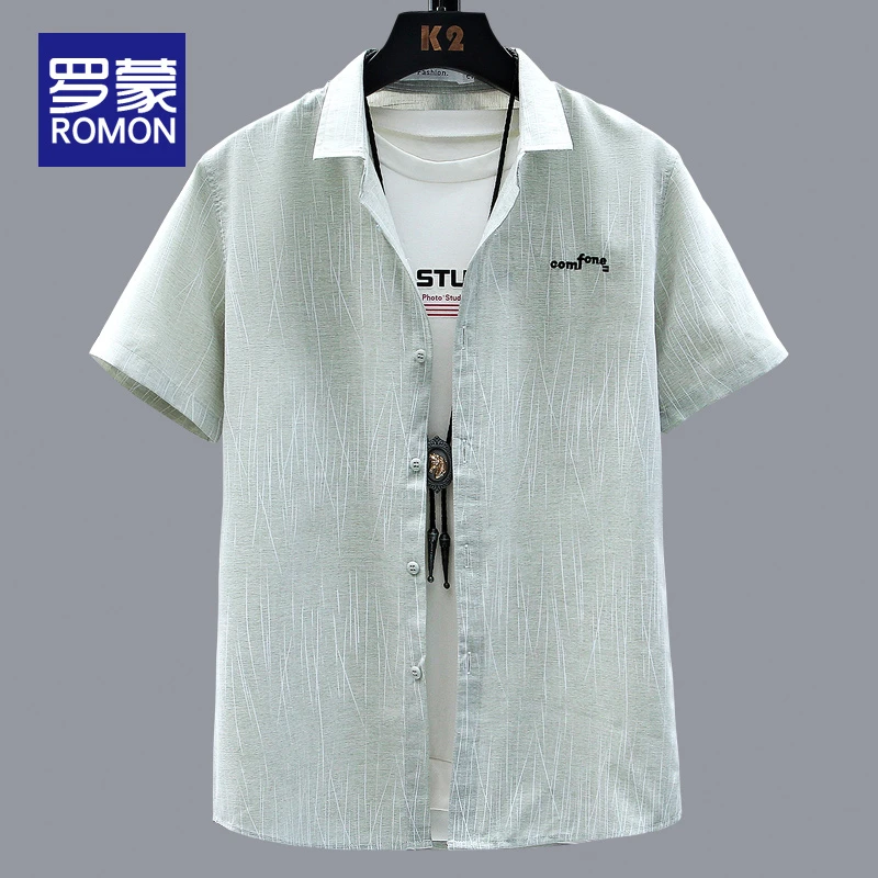 罗蒙男士夏季薄款短袖衬衫2025新款上衣服男款休闲百搭翻领衬衣男