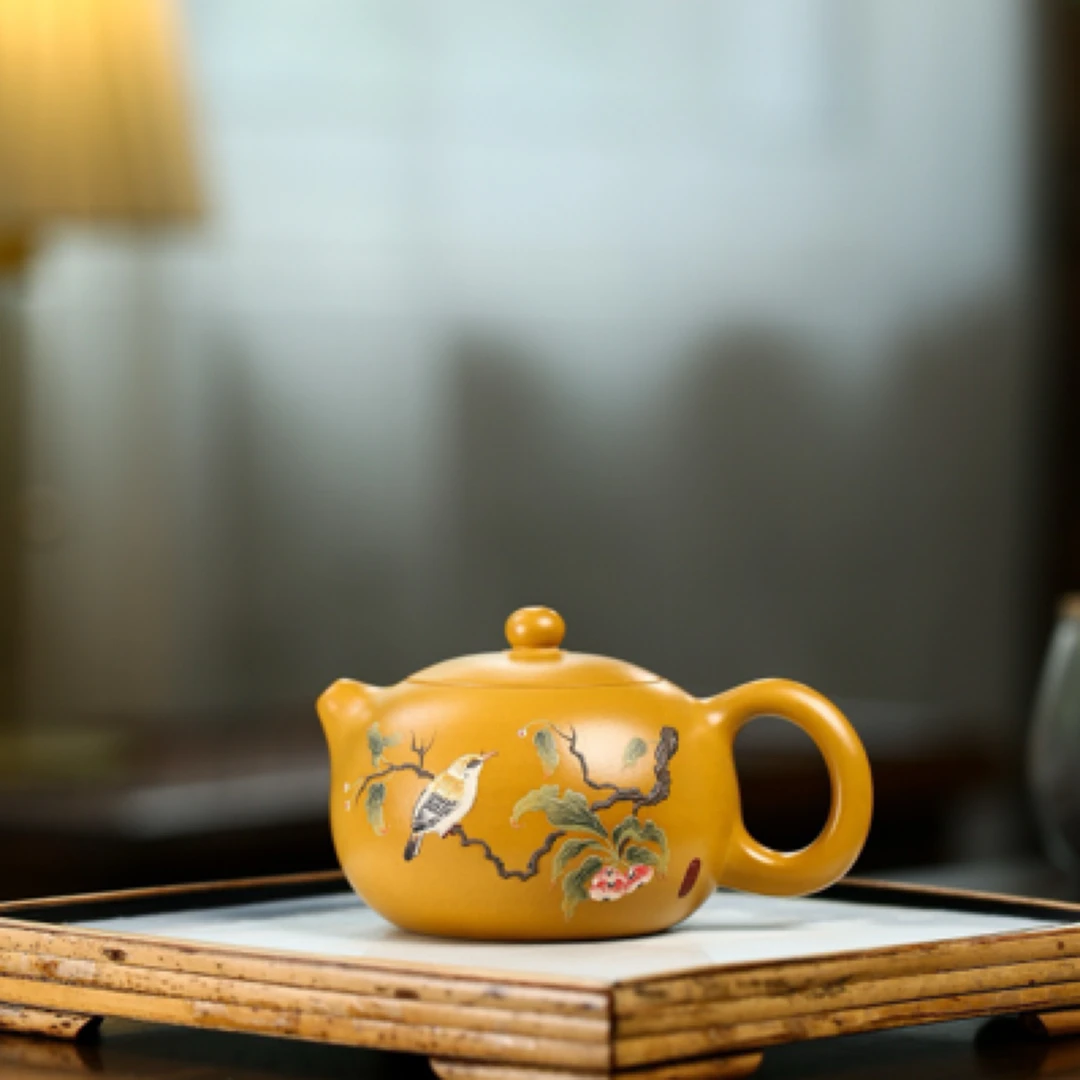 【品名】花鸟西施紫砂壶 原矿黄金朱泥 230cc