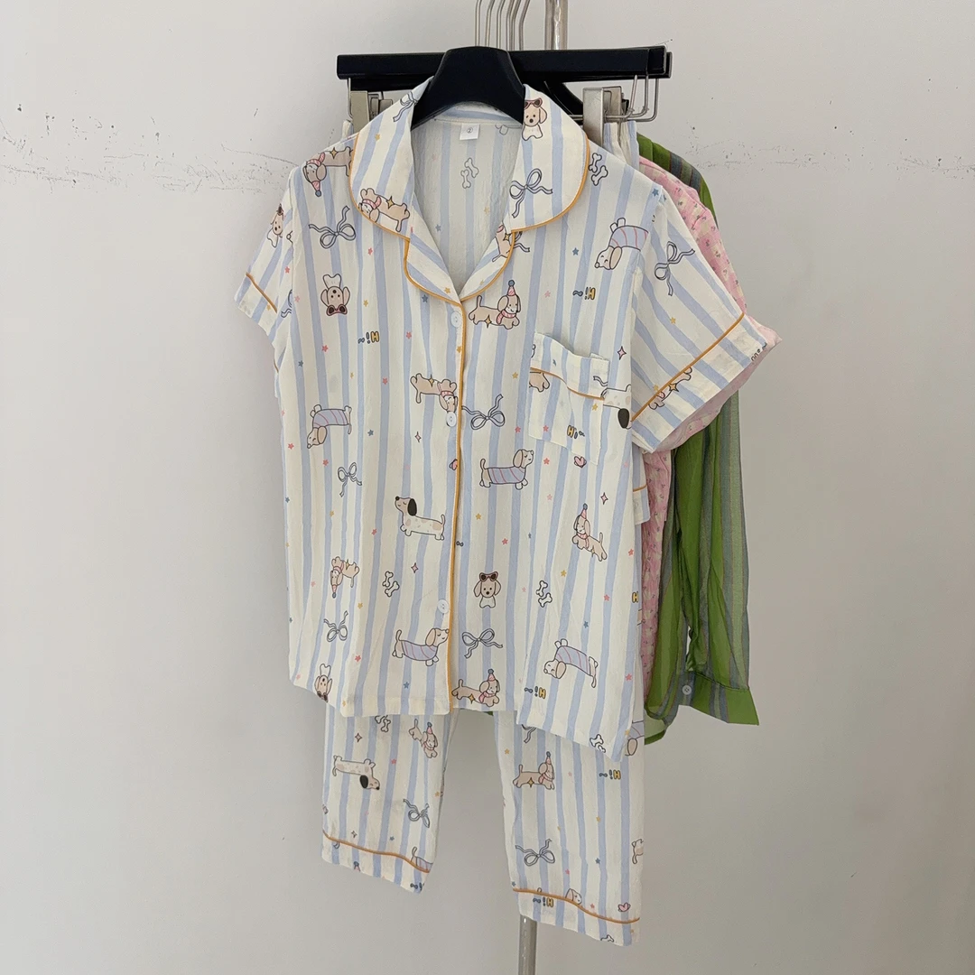 【温翘studio】夏季宽松清凉卡通印花家居服系列休闲睡衣三件套女