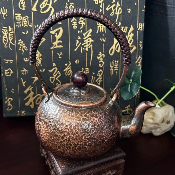 纯手工 提梁做旧锤纹铜壶 纯铜 红木纽 复古家用煮水