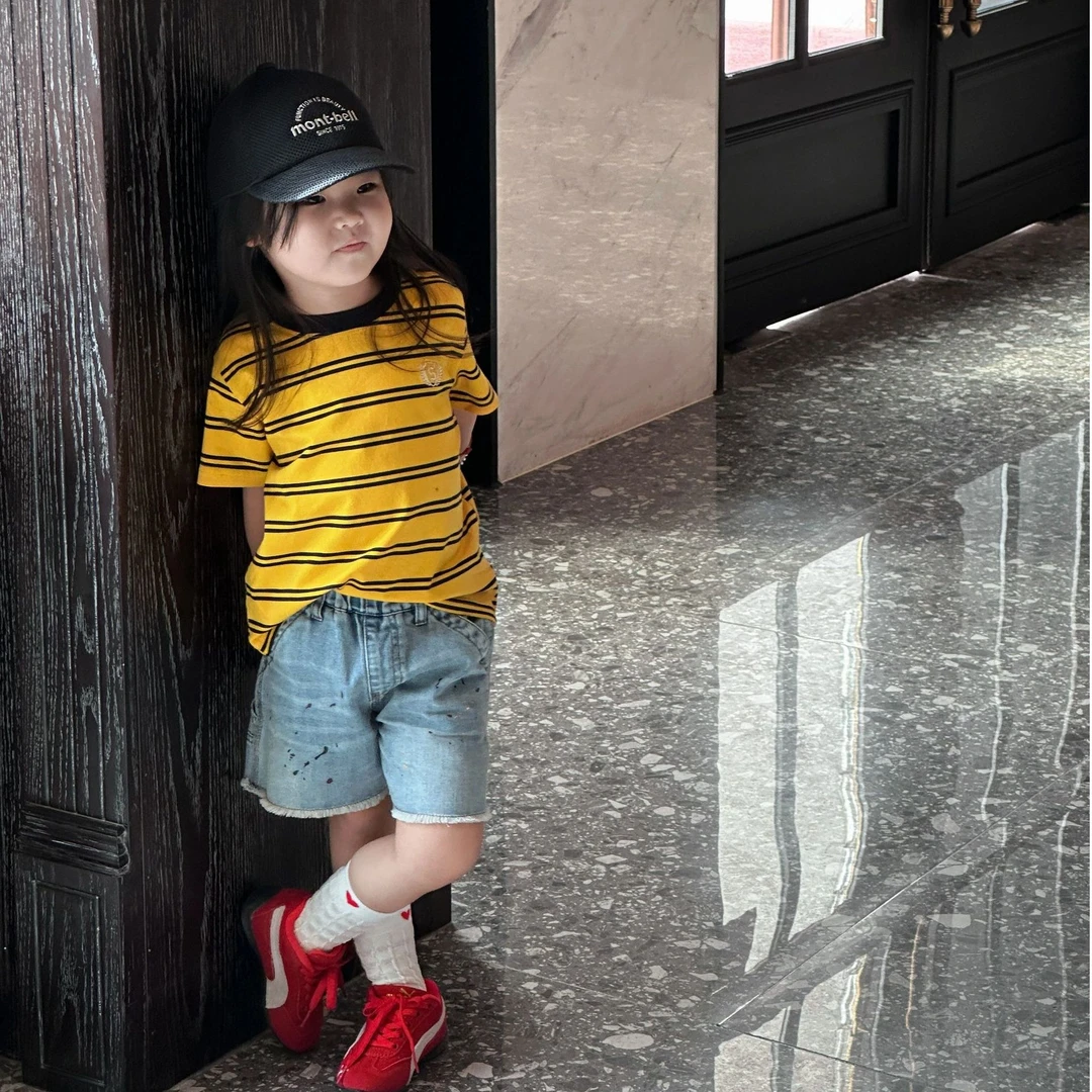 壹妈童装女童夏装2025新款套装黄色条纹短袖T恤牛仔短裤