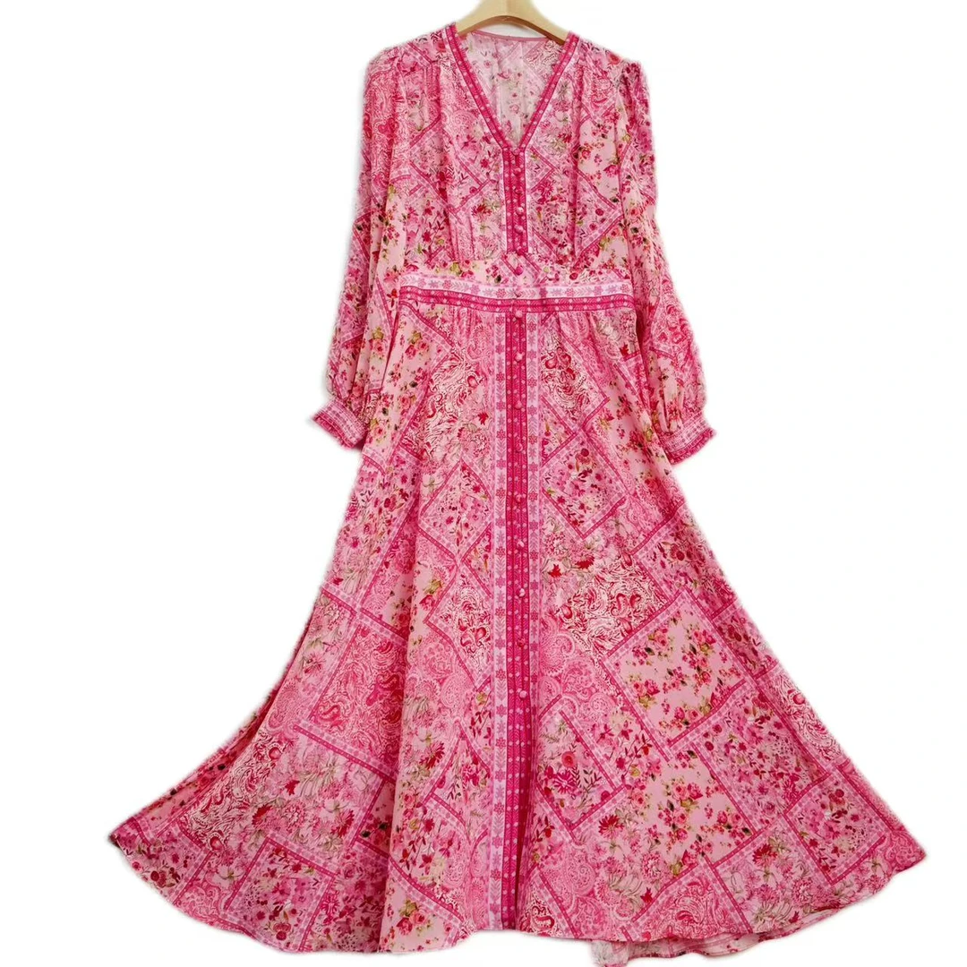 中国风长袖套头连衣裙碎花长裙夏季女装印花【南油】02725-1