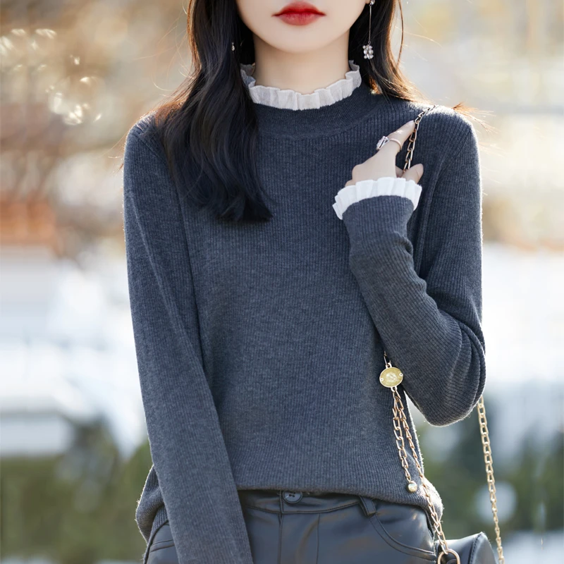 半高领黑色毛衣女2025春秋冬新款木耳边针织衫上衣大码蕾丝打底衫