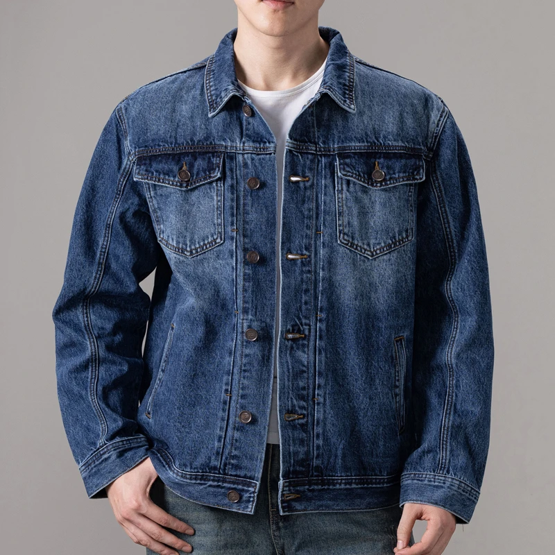欧美高端牛仔外套男士复古潮流秋季厚款百搭休闲工装夹克牛仔上衣