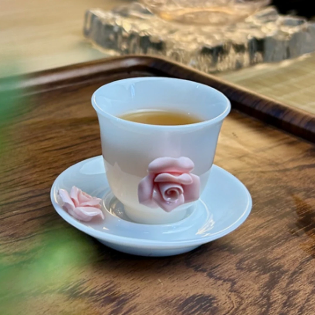 德化白瓷捏花冰种玉瓷功夫茶杯泡茶手工主人杯个人茶具品茗杯碟