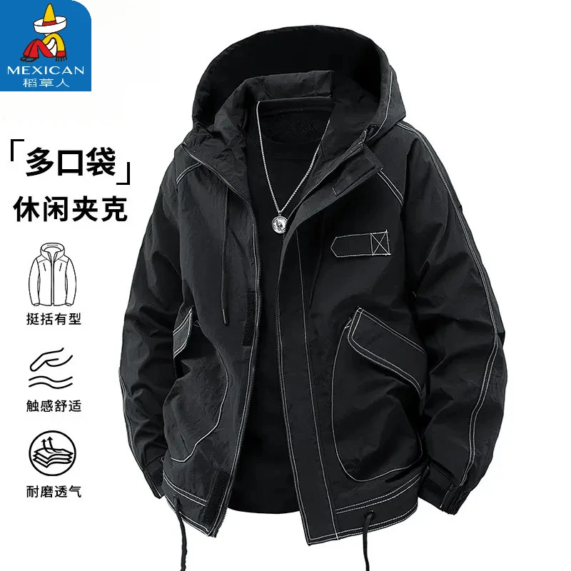 Mexican/稻草人潮流时尚大口袋工装外套男士秋冬季连帽宽松夹克