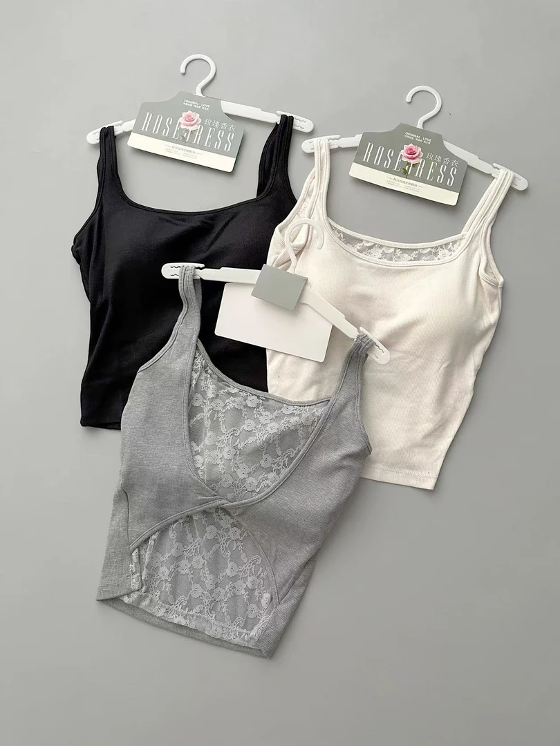 后背蕾丝吊带背心固定一体杯打底玫瑰香衣性感美背女27166